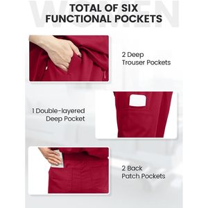 Pantalones Médicos Deportivos para Mujer FOXA, Rojos, Cintura Media, con Cordón, 6 Bolsillos, Uniformes de Hospital, Mezcla de Algodón, Tejido de Punto - Product Image 3
