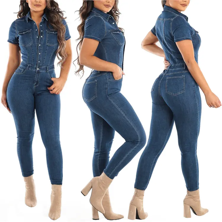 Hot Sale Wholesale Overalls Women Denim Long Pants Casual Solid Short Sleeve One Piece Jeans Jumpsuit