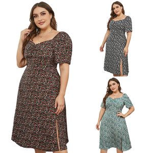 New Style Plus Size Women's <b>Loose</b> Square Collar Breathable Button Waist Cinching Floor-Length Floral Pattern Casual Summer <b>Dress</b> - Product Image 1