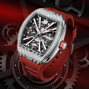 Reloj Mecánico de Lujo I&W para Hombre, Automático, con Esfera Negra Esqueleto, Bisel con Diamantes y Correa de Silicona Roja - Product Image 4