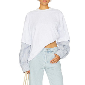 Logo personnalisé mode femmes <span class=keywords><strong>T</strong></span>-shirts de haute qualité 100% <span class=keywords><strong>coton</strong></span> femmes <span class=keywords><strong>coton</strong></span> luxe Jersey décontracté manches longues épissage chemises - Product Image 1