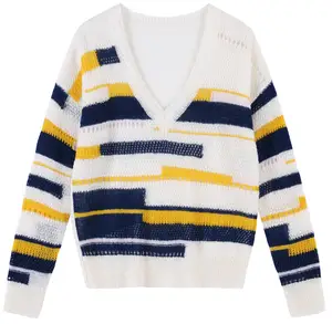 2024 Custom OEM ODM Ladies Luxury Elegant Autumn Winter V Neck Long Sleeve Sweater With Wave Irregular Contrast Color Stripes
