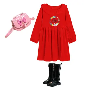 Boutique personalizada niños ropa para niñas niños vestidos de manga larga para el bebé niña 2 años de terciopelo otoño vestido de fiesta vestido rojo