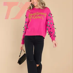 TUOYI 고품질 새로운 디자인 사용자 정의 부드러운 겨울 긴 소매 여성 니트 풀오버 스웨터 핑크 크리스마스 퀸 트리 스웨터
