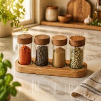 Pot à épices en verre avec couvercle en bois d'acacia, récipient de rangement pour épices avec plateau pour sucre, sel et condiments, design chic pour la cuisine
