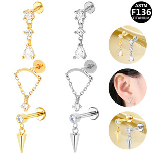 <b>Titanium</b> Plated Tassel Earrings Studs <b>Chain</b> Ear Cartilage Jewelry For Party Geometric Design Prong Setting Stainless Steel - Product Image 1