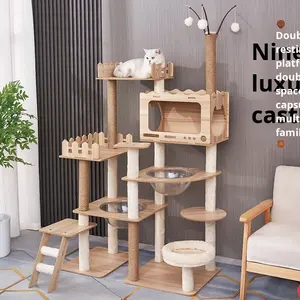 Grand cadre d'escalade moderne en bois multicouche pour chat avec plate-forme de saut à double nid pour les arbres à chat et les grattoirs à usage multiple - Product Image 1