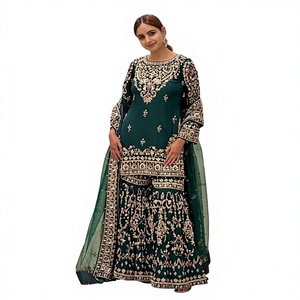 Ensemble Kurta vert émeraude brodé avec pantalon palazzo, tenue traditionnelle indienne et pakistanaise pour femmes, coupe ample, longueur au sol, idéal pour les mariages - Product Image 1
