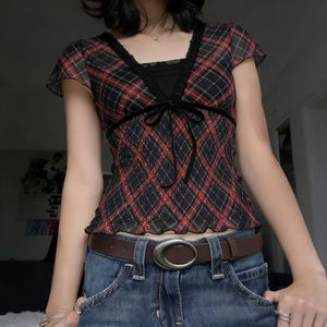 Ins Style Urban Chic Black Red Plaid Print Lace <b>Patchwork</b> Tie Front Short Sleeve V Neck Sexy Mesh Lace <b>Top</b> - Product Image 5