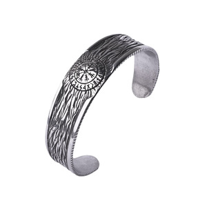 yunnique Nordic <b>Viking</b> Stainless Steel <b>Bracelet</b> Antique Silver Men's Open Cuff Snowflake Design Vintage Distressed Rune Pattern - Product Image 5