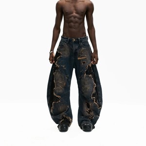 Pantalones vaqueros de calle desgastados lavados Vintage para <span class=keywords><strong>hombre</strong></span>, pantalones vaqueros de pierna ancha bordados <span class=keywords><strong>con</strong></span> decoración de agujeros, Patchwork, lavado sucio - Product Image 1