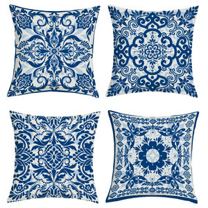 Conjunto de 4 Capas de Almofada Florais em Porcelana Azul e Branca, Estilo Vintage Chinoiserie, para Decoração de Casa, Sofá, Cama - Product Image 1