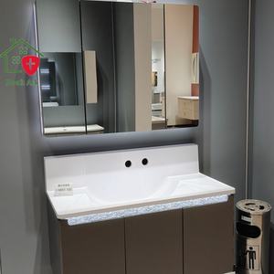 Meuble de salle de bain moderne marron à trois portes avec vasque en céramique blanche, rangement, miroir éclairé par LED, panneau en mélamine, idéal pour hôtel - Product Image 5
