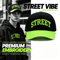 Gorra de Béisbol Urbana con Logotipo Bordado en 3D, Dos Colores, Negro y Verde Neón, Visera Plana, Corona Alta, Cierre a Presión