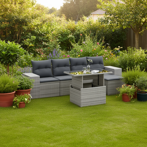 Conjunto de Sofá de Jardín de Ratán Gris, 4 Plazas, Muebles de Exterior con Estructura de Acero y Vidrio Templado, Diseño Contemporáneo - Product Image 2