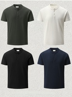 T-shirt Homme Col Henry Style Old Money Manches Courtes Maille Gaufrée Respirant Uni Coupe Décontractée Séchage Rapide Décontracté 100% Coton