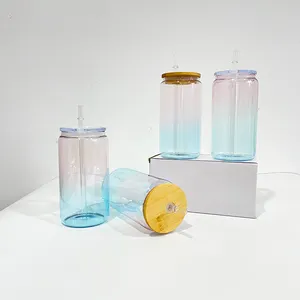 O armazém dos EUA 16 onças por atacado reciclável vidro transparente oceano cristal ombre pode beber copos para envoltórios UV DTF em estoque