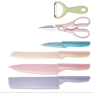 En Stock, gran oferta, juego de cuchillos de cocina coloridos de 6 uds., juego de cuchillos de cocina de acero inoxidable con mango de paja de trigo