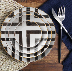 Service <span class=keywords><strong>de</strong></span> table en porcelaine fine créative, bols, assiettes, ensembles blancs avec bordure dorée, céramique haut <span class=keywords><strong>de</strong></span> gamme, motif croisement, <span class=keywords><strong>vaisselle</strong></span>, ensembles <span class=keywords><strong>de</strong></span> dîner - Product Image 3