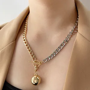 N0485 Punk Two Tone With Ball Pendant Chunky Wide Chains Necklace for Woman Adjustable OT Clasp Lariat Y Necklaces Statement