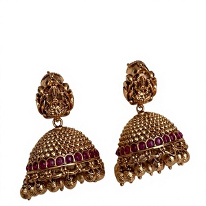 Boucles d'oreilles pendantes en forme de cloche plaquées or antique avec zircons sertis en canal, bijoux ethniques de mariage pour femmes - Product Image 2