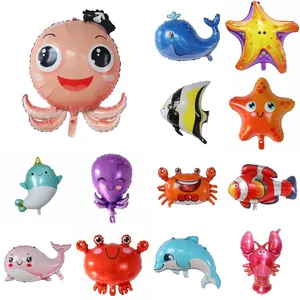 Mini boyutu popüler okyanus hayvan bebek oyuncakları yunus köpekbalığı palyaço balığı folyo balonlar doğum günü çocuklar karikatür parti dekorasyon