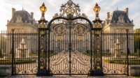 Portail d'entrée en fer forgé de style baroque de luxe LINCAI |   Portail de propriété orné noir et or avec volutes dorées et lanternes