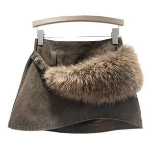 秋冬女性用ファーカジュアルショートスカートレトロホットガールスタイルニッチデザインスリムミニスカート下着付き - Product Image 5