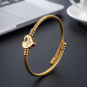 Heart-Shaped <b>Gold</b> Plated Stainless Steel <b>Bracelet</b> <b>Adjustable</b> 6.5Cm Engraved For Gift Unisex Jewelry - Product Image 1