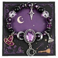 Bracelet gothique pour femme, cadeau d'Halloween, bracelet en améthyste naturelle avec pendentif étoile de sorcière, lune et balai magique