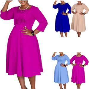 Abito Estivo Trendy <span class=keywords><strong>da</strong></span> <span class=keywords><strong>Donna</strong></span>, Casual con Scollo a V, Tinta Unita, Plissettato, Elegante per l'<span class=keywords><strong>Ufficio</strong></span>, Vestiti Africani per <span class=keywords><strong>Donna</strong></span> - Product Image 3