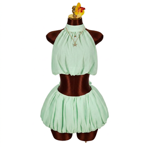 Spring/Summer New Style European Women's Fashion Solid Color Backless Collared Blouse <b>Sexy</b> A-line Short Skirt <b>Set</b> - Product Image 5
