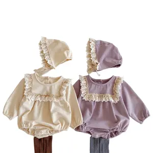 Кружевные хлопковые пурпурные комбинезоны с шапкой для маленьких девочек, комбинезон на крестины для малышей, осенний комплект с длинным рукавом и оборками