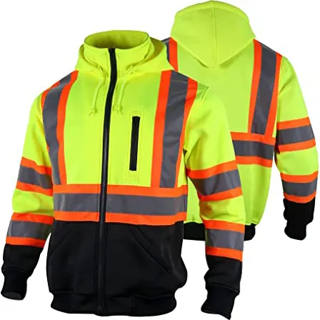 Hi Vis-Sudadera con capucha de seguridad para trabajadores de la construcción, reflectante, Con parte inferior negra, Polar, cremallera, uniforme