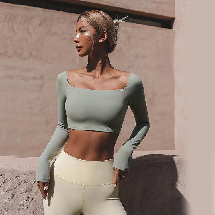 Sexy square Neck High Waist Yoga tank Top Long Sleeve Sports Fitness tank Women Sports Top