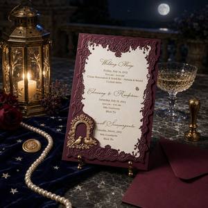 Juego de Tarjetas de Invitación de Boda Personalizadas, Sobre Color Borgoña, Corte Láser, Arco Dorado, Sello de Cera en Relieve, <span class=keywords><strong>Perla</strong></span> - Product Image 3