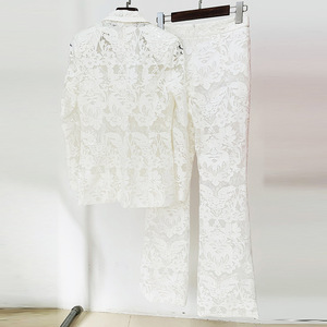 Conjunto de <span class=keywords><strong>Blazer</strong></span> e Calças Femininas com Bordado de Lantejoulas Ocstrade, Conjunto de Duas Peças com Detalhes em Rede - Product Image 3