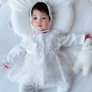 Spring and Autumn cute white girls baby birthday baptism toddler dress clothes matching hat in stylish