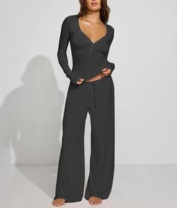 Yeni Gelen Sonbahar Düz Renk Günlük Rahat Şık Fitilli Örgü Takımlar Seksi Derin V Yaka Dar Üst Bol Paça Pantolon Kombinleri - Product Image 2