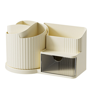 Modern Minimalist <b>Rotating</b> Pen Holder With Storage Drawer For <b>Desk</b> Office Organizer Round Standing Type PP Material - Product Image 3