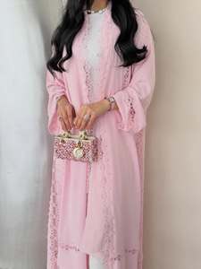 Abaya de luxe rose Hafizah, Kaftan de Dubaï, <span class=keywords><strong>robe</strong></span> longue élégante à bords dentelés, Kimono ouvert pour femmes musulmanes modestes - Product Image 4