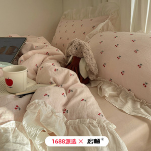 Korean Style 60 Count Yarn Dyed Jacquard Cotton Four Piece <b>Bedding</b> <b>Set</b> Pure Cotton Princess Lace Soft Skin Friendly Breathable - Product Image 3