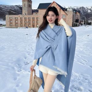 Automne hiver couleur unie cachemire châ<span class=keywords><strong>le</strong></span> couleur unique Cape cape unie avec fente Style européen américain longueur carrée - Product Image 2