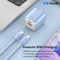 Chargeur mural Miccell Safe 30W GaN avec contrôle intelligent de la température, adaptateur USB C pour une utilisation quotidienne en extérieur, iPhone Android