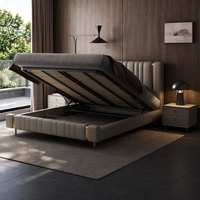 Lit plateforme moderne de luxe rembourré, taille King, cadre de lit en cuir souple avec tête de lit capitonnée à canaux verticaux