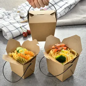 Papel Kraft desechable con impresión personalizada, caja de fideos con mango