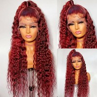 Perruque en cheveux humains ondulés profonds 99J 13x4 Lace Front pour femmes noires, couleur bordeaux, pré-plumée, vente en gros
