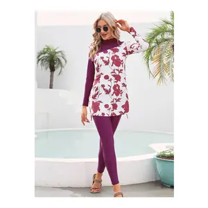 SIPO Muslim Modest Burkini Islamic Conservative Swimsuit Ladies Beach Casual Swimming Costumes Arabe Red Flower Pattern Supplier