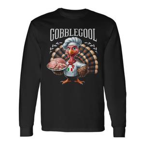 Gobblegool Turkey Chef T-shirt a maniche lunghe nera da adulto con cartone animato retrò del Ringraziamento - Product Image 1