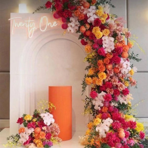 Arche florale IFG avec des fleurs tropicales de couleur fuchsia <span class=keywords><strong>rose</strong></span>, orange, <span class=keywords><strong>rose</strong></span> et hortensia pour la Pâques, la rentrée scolaire, le mariage, la décoration de fond - Product Image 1